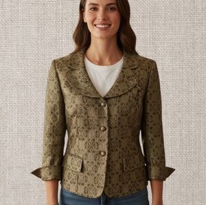 Albert Nipon Designer Gold/Bronze/Green Tapestry portrait Collar Blazer Sz 14